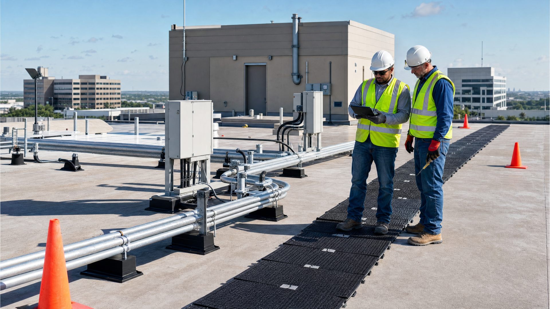 Telecom conduit pathway installation and rooftop infrastructure support
